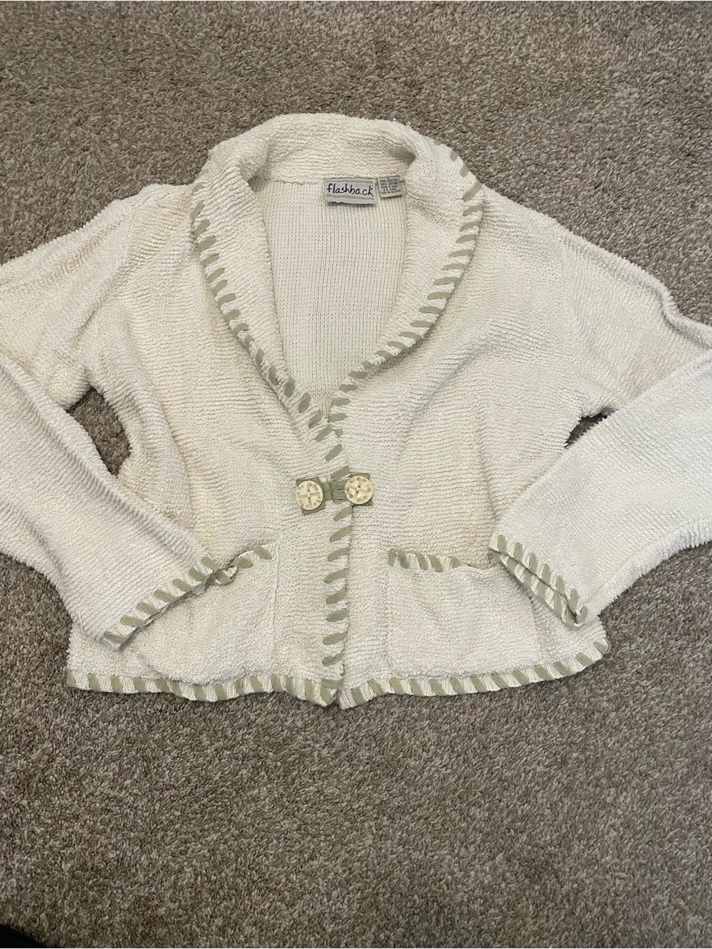 Cream Shawl-Collar Cardigan with Contrast Stitching